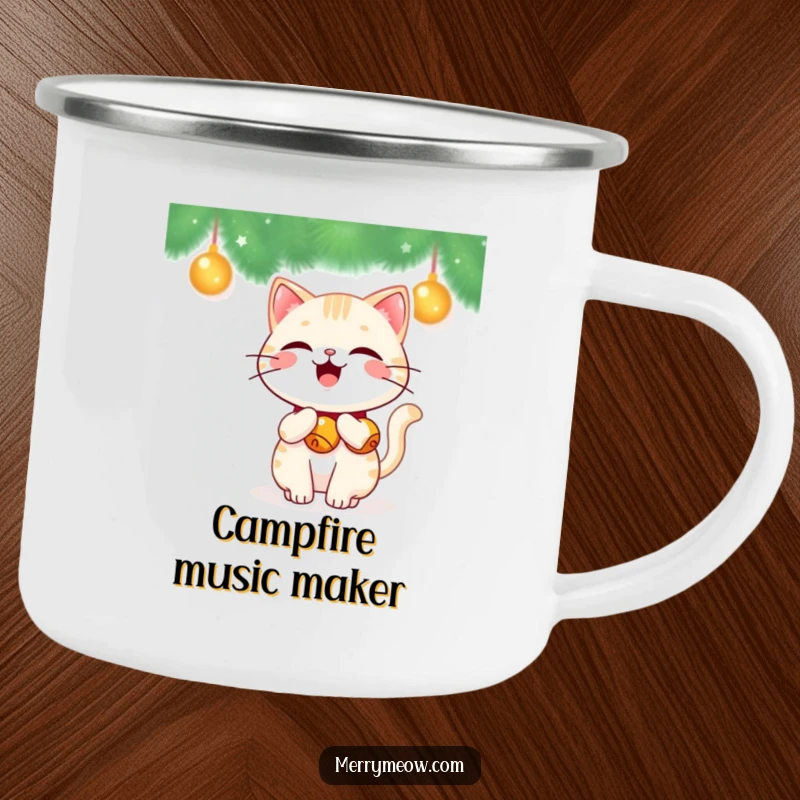 Funny Kawaii Cat Camping Mug featuring a cute cat with jingle bells on its tail, wagging happily, for outdoor fun.