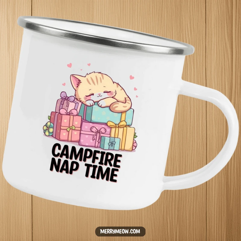 Funny kawaii cat napping on a pile of presents, a rugged and amusing camping mug.