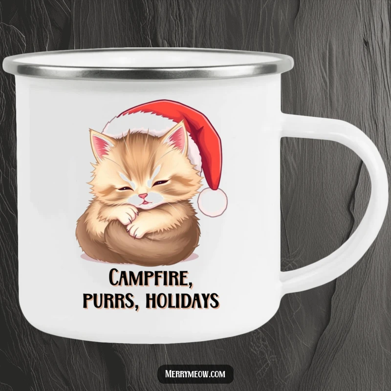 Funny camping mug featuring a content fluffy kitten in a Santa hat, ideal for cozy outdoor moments during the holidays.