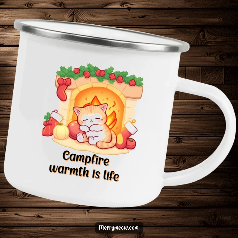 Funny sleepy cat dozing by a fireplace with stockings, designed for cozy outdoor moments on a camping mug.