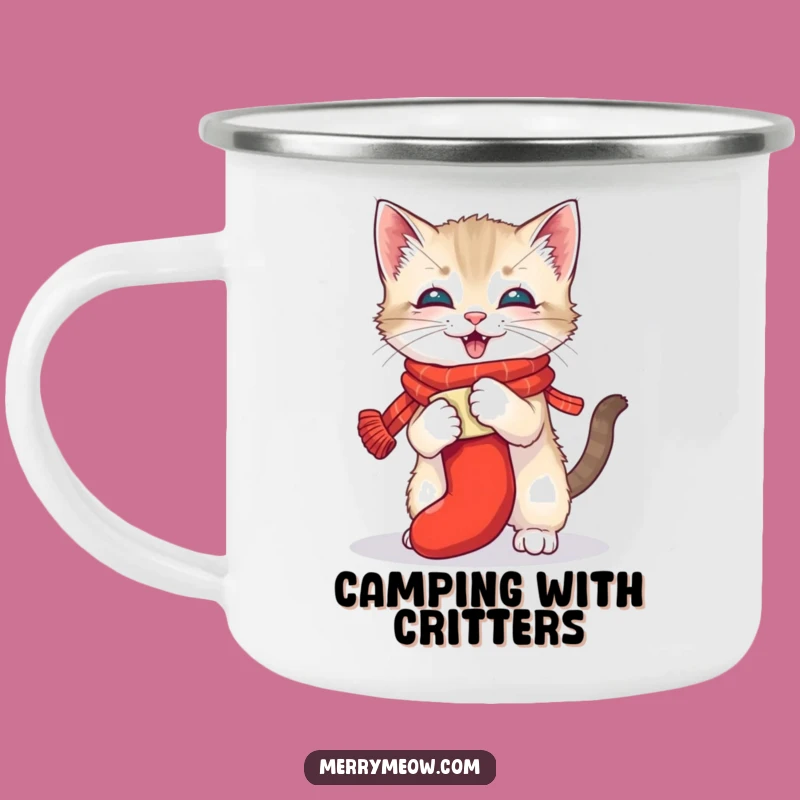 Funny Kitten Stocking Enamel Mug - Rustic & Festive Outdoor Gift!