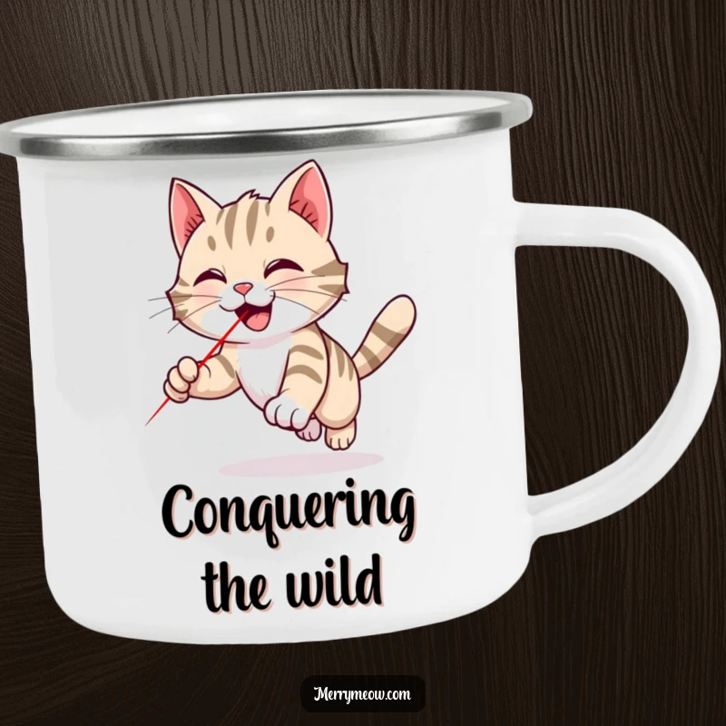 Funny tabby cat camping mug showing a cat chasing a red laser dot, bringing playful humor and energy to outdoor beverage enjoyment.