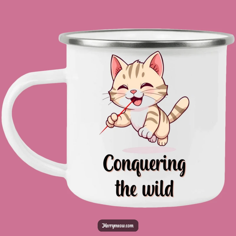 Funny Tabby Cat Laser Camping Mug: Playful Chase for Outdoors, Humorous Gift