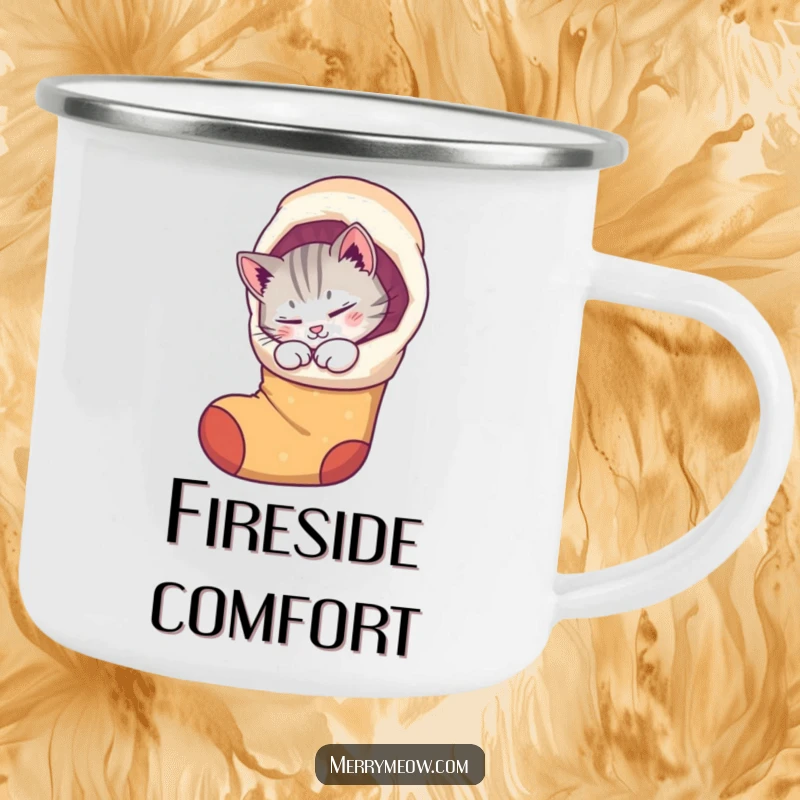 Funny camping mug with a purring cat curled up inside a whimsical stocking, ideal for cozy drinks and holiday camping.