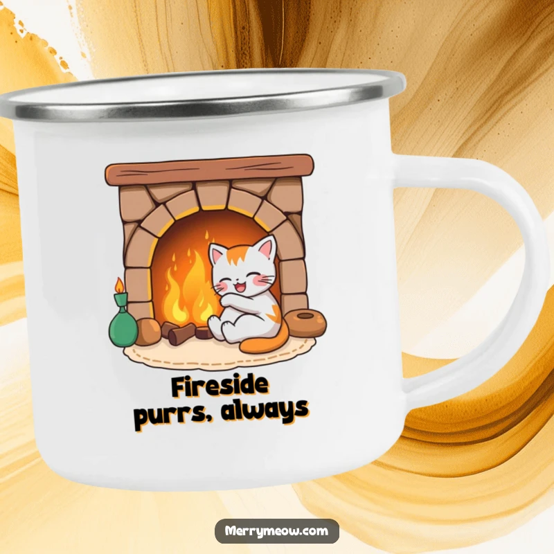 Funny camping mug illustration of a happy cat character curled up by a cozy fireplace, ideal for outdoor use and humor.
