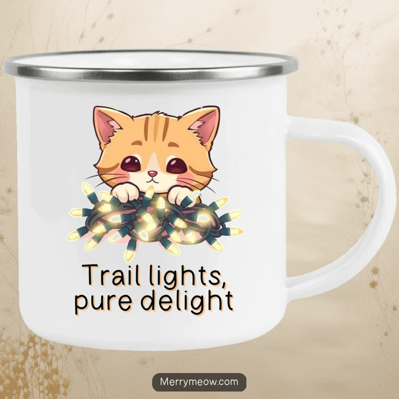 Funny enamel camping mug with a cat peeking over bright Christmas lights, perfect for outdoor holiday use.