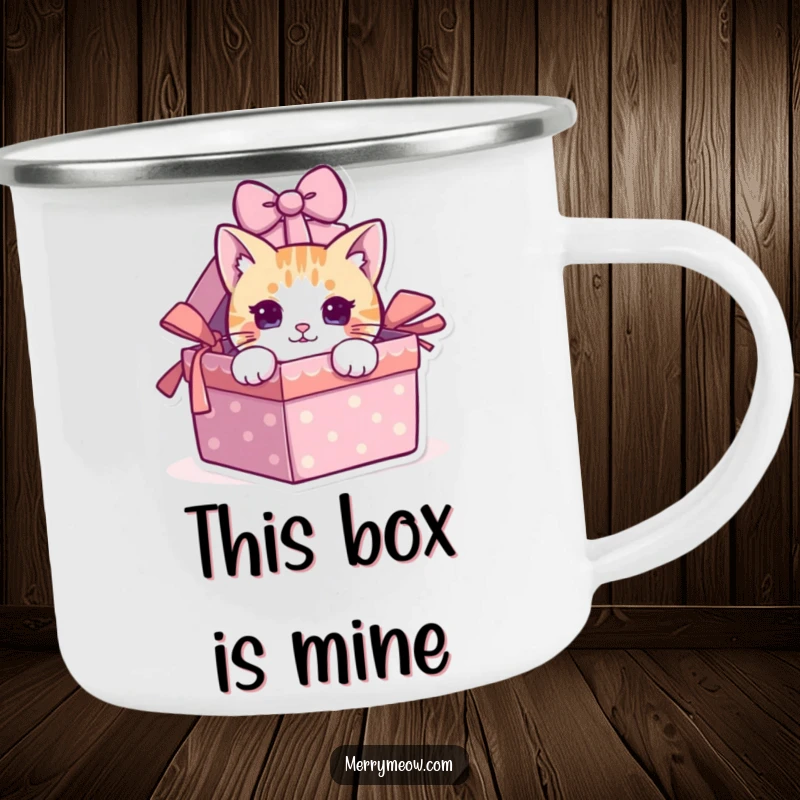 Funny cat peeking from a gift box on a sturdy camping mug, ideal for outdoor laughs.