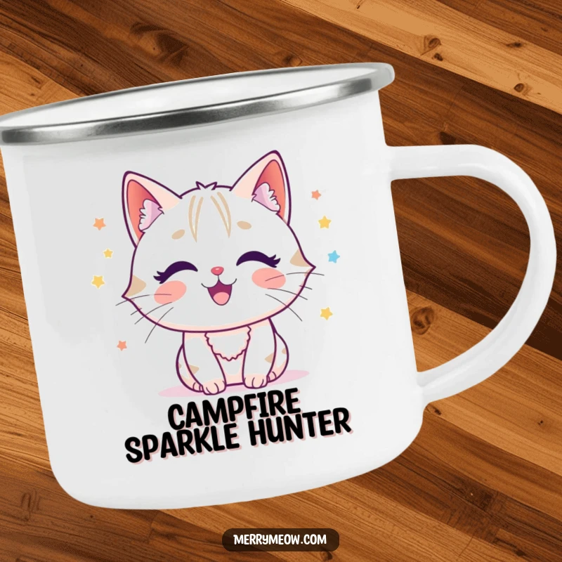 Funny cat character joyfully batting at tinsel, ready for holiday adventures on a robust camping mug.