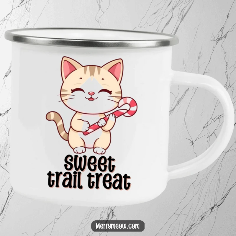 Funny Camping Mug: Cheery cat holding a candy cane, bringing holiday smiles to any outdoor adventure.
