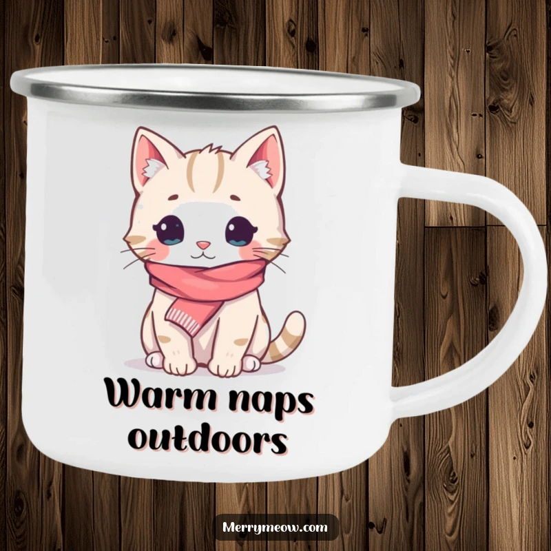 Funny Camping Mug: A cozy cat with a tiny scarf, ready for outdoor adventures with warmth and humor, a funny gift.