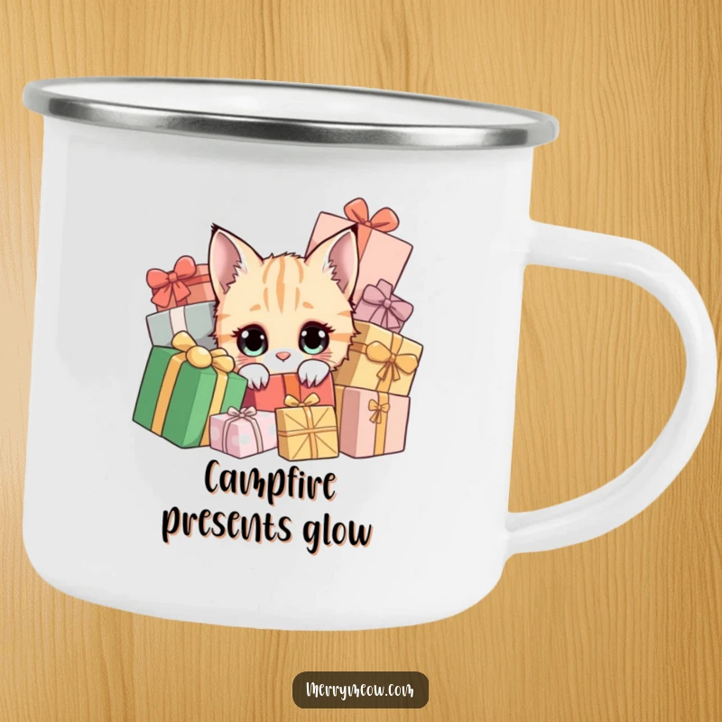 Funny camping mug of a curious cat peeking from holiday presents, for festive outdoor use.
