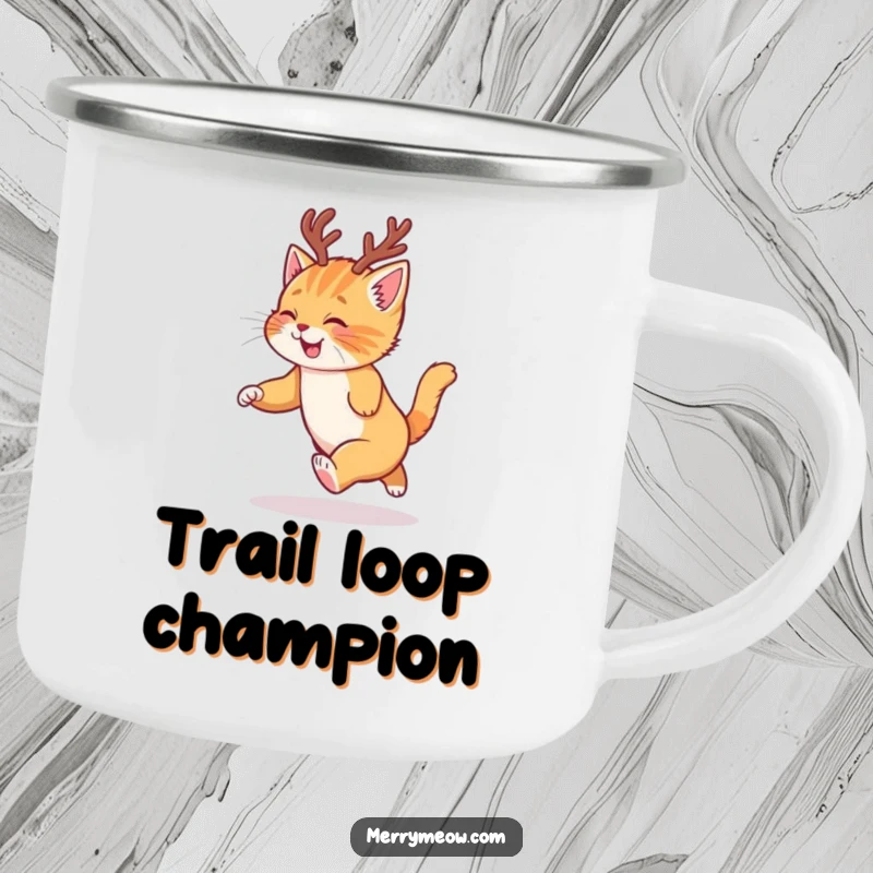 Funny camping mug with a ginger kitten wearing antlers, joyfully chasing its tail, ready for holiday outings.