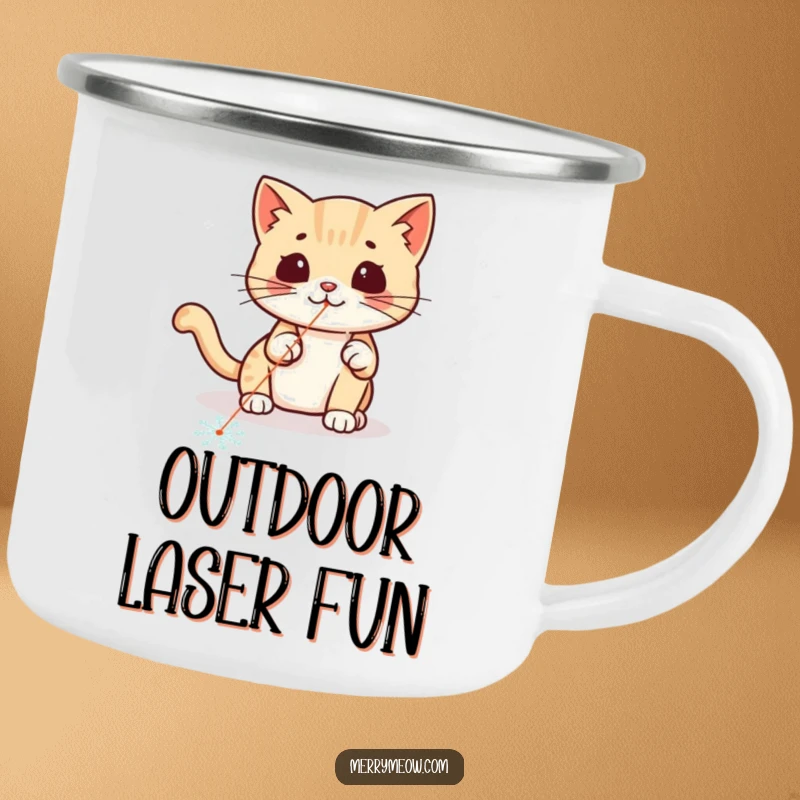Funny kawaii cat chasing a laser pointer dot on a snowflake, a rugged and amusing camping mug.
