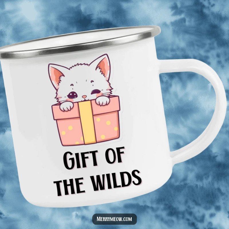 Funny camping mug showing a cute kitten peeking out of a gift box, bringing adorable surprise to outdoor adventures.