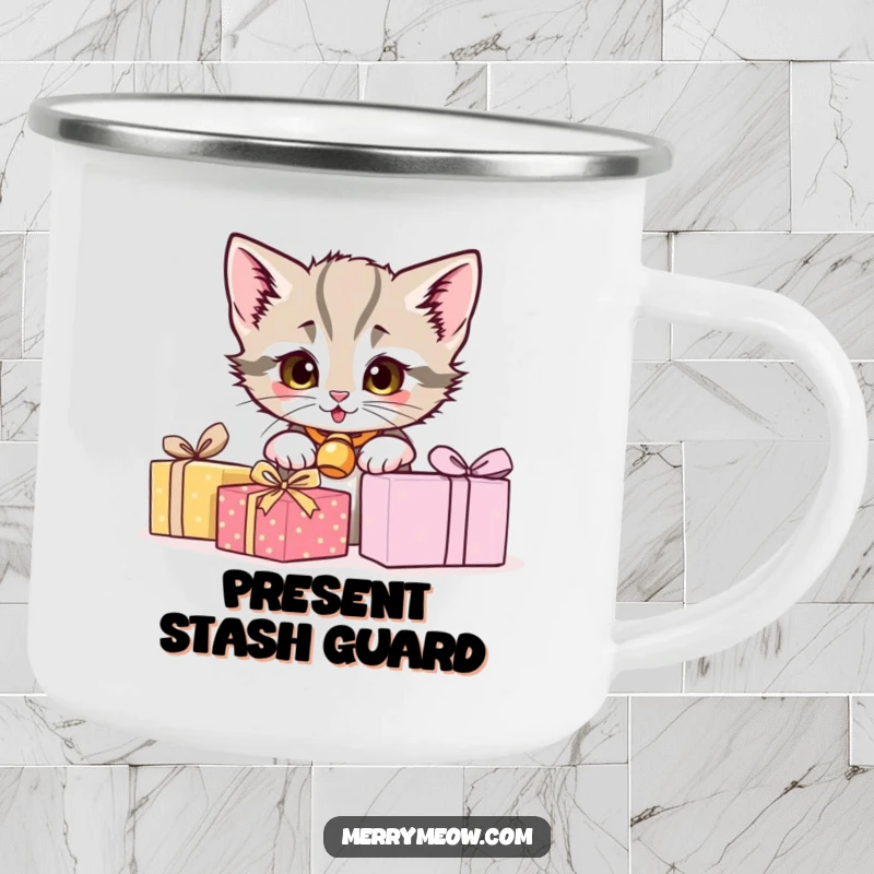 Funny camping mug with a kitten peeking from behind gifts, perfect for outdoor adventures and hot beverages.