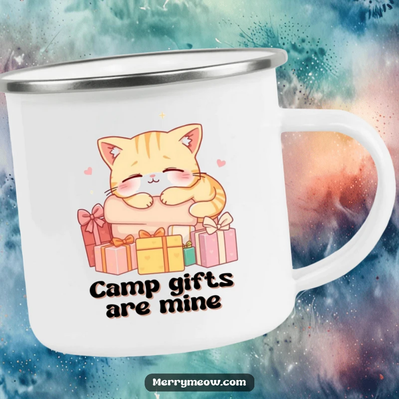 Funny camping mug depicting a cat character happily napping on a pile of gifts, perfect for relaxing outdoor moments.