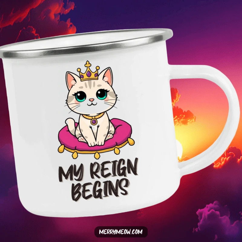 Funny Camping Mug: A regal cat with a tiny crown sits majestically on a velvet cushion, ready for hilarious outdoor brews.