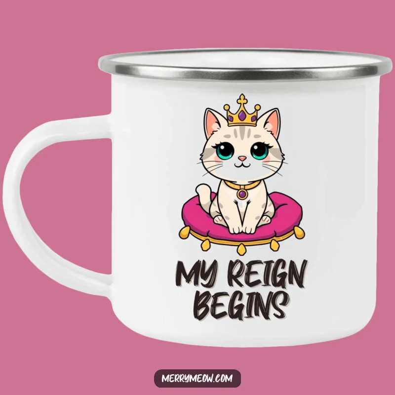 Funny Regal Cat Camping Mug: Rugged Feline Crown Holder, Perfect Funny Outdoor Gift!