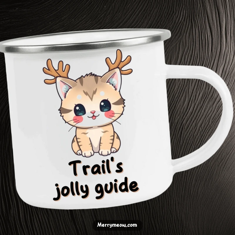 Funny Camping Mug: A playful cat wearing reindeer antlers looks at the viewer, bringing hilarious holiday cheer to the outdoors.