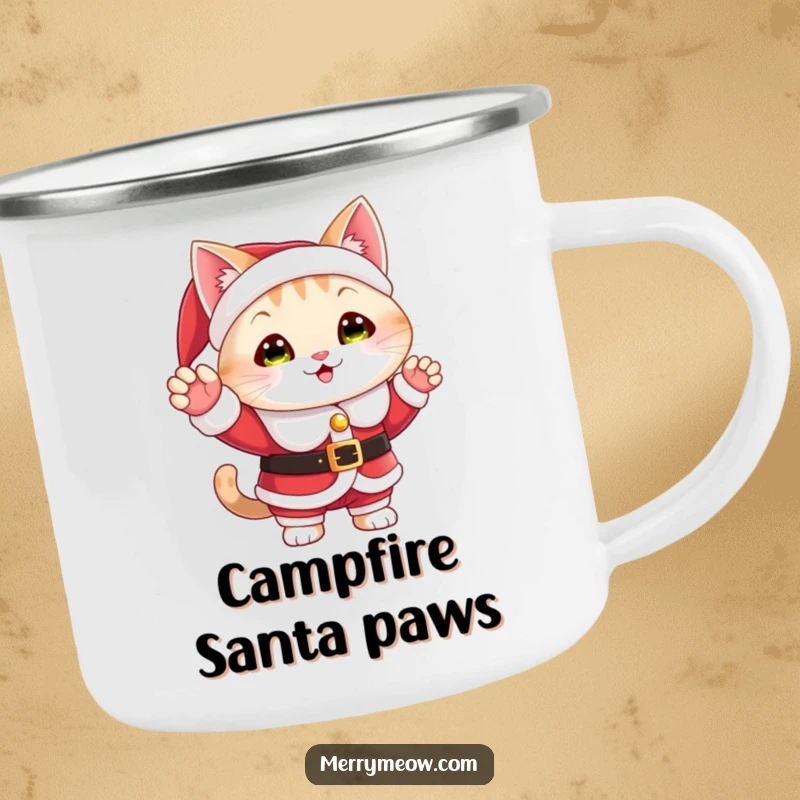 Funny enamel camping mug with a cat in a Santa suit, waving a cheerful holiday greeting, perfect for outdoor use.