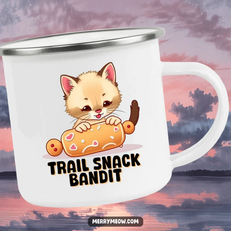 Funny camping mug featuring an excited Siamese kitten playing with a gingerbread cookie, ideal for outdoor fun.