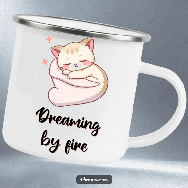 Funny Camping Mug: A deeply sleepy cat is curled up inside a stocking, dreaming hilariously sweet dreams in the great outdoors.