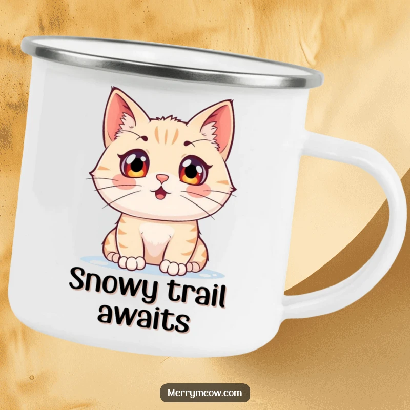 Funny camping mug depicting a cat character with wide, excited eyes watching falling snow, perfect for winter camping.