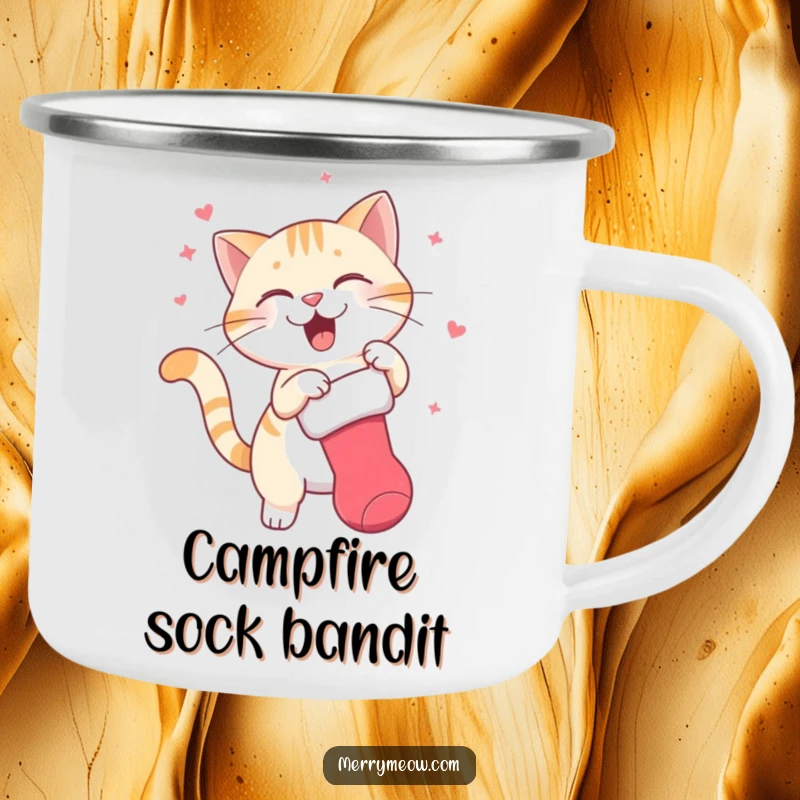 Funny camping mug featuring a cat character joyfully swatting at a dangling Christmas stocking, combining outdoor spirit with holiday humor.