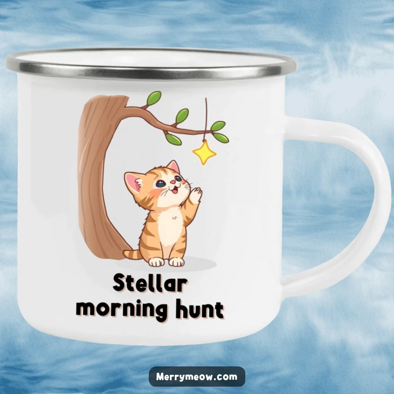 Funny camping mug featuring a determined tabby kitten leaping for a celestial star amidst a whimsical tree, ideal for campers.