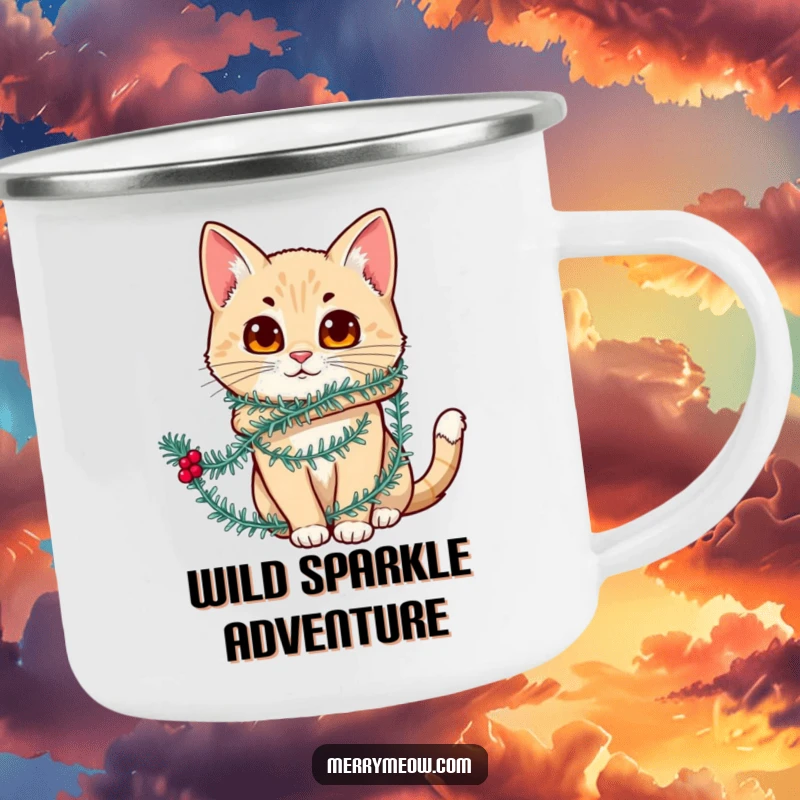 Funny camping mug depicting a cat character humorously wrapped in festive tinsel, perfect for outdoor holiday enjoyment.