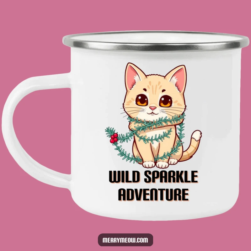 Funny Tinsel Cat Camping Mug: Hilarious Holiday Companion for Outdoor Fun