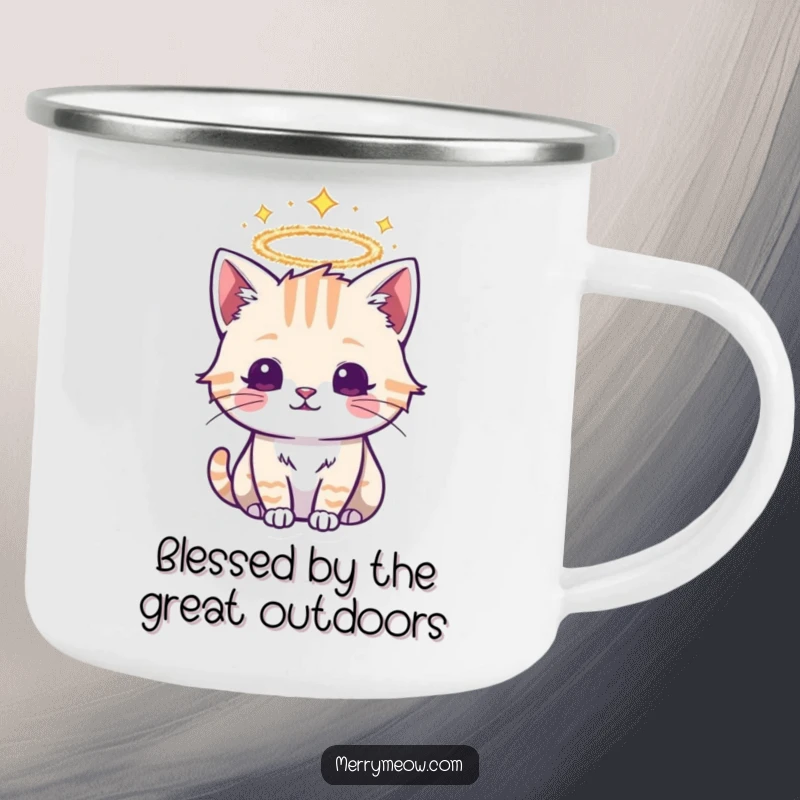 Funny camping mug with a sacred cat wearing a shimmering tinsel halo, designed for outdoor blessings and cat lovers.