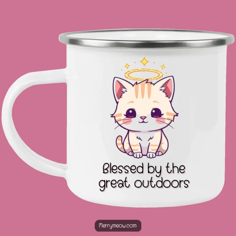 Funny Tinsel Halo Cat Camping Mug: Divine Feline for Outdoor Blessings Gift