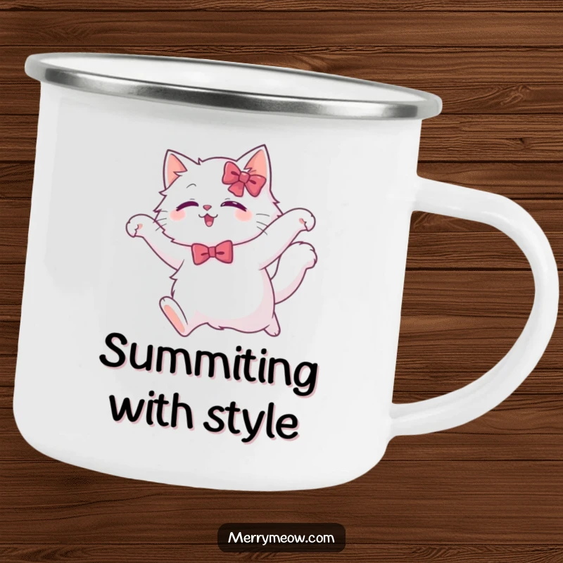 Funny white cat camping mug showing a fluffy cat in a festive bow mid-leap, bringing elegant humor to outdoor beverage enjoyment.