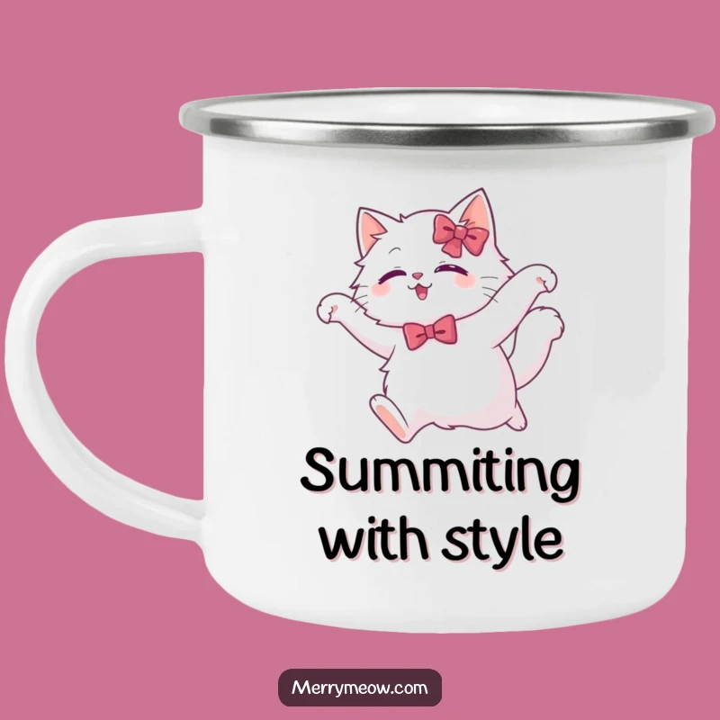 Funny White Cat Leap Camping Mug: Graceful Feline for Outdoors, Humorous Gift