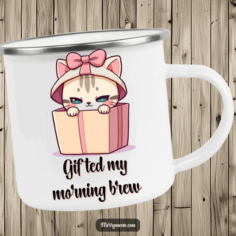 Funny camping mug featuring a mischievous cat peeking from a brightly wrapped gift box, ideal for enjoying drinks outdoors.