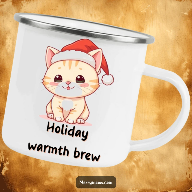 Funny camping mug featuring a cute Christmas cat wearing a Santa hat, perfect for holiday drinks.