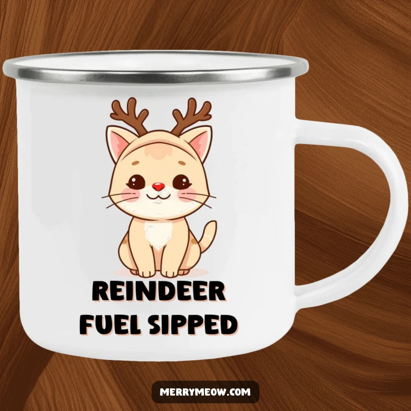 Funny reindeer cat camping mug showing a festive cat in reindeer attire, perfect for outdoor holiday gatherings.