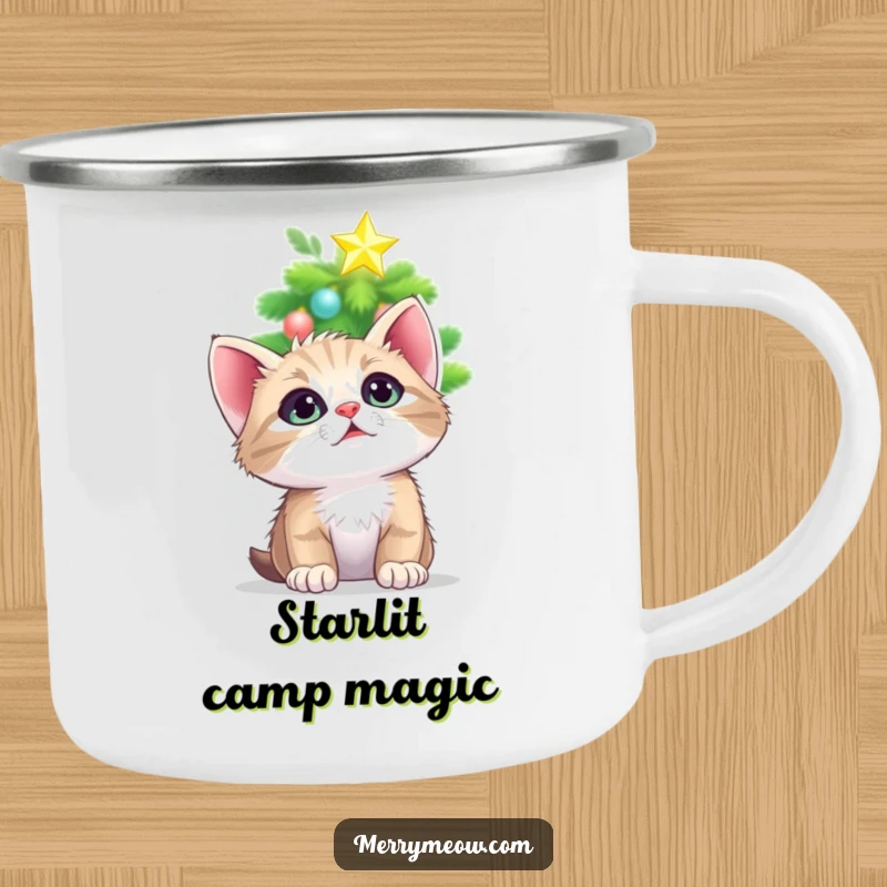 Funny camping mug featuring a kitten looking up with adoration at a twinkling Christmas tree star, ideal for cozy outdoor moments.