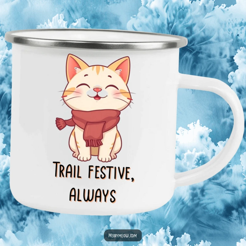 Funny camping mug illustration of a giggling cat character wearing a festive scarf, ideal for holiday outdoor use and humor.