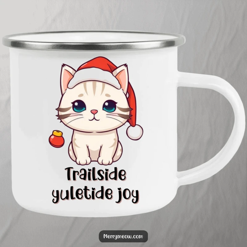 Funny kawaii cat in a Santa hat with jingle bells, a festive and durable camping mug.