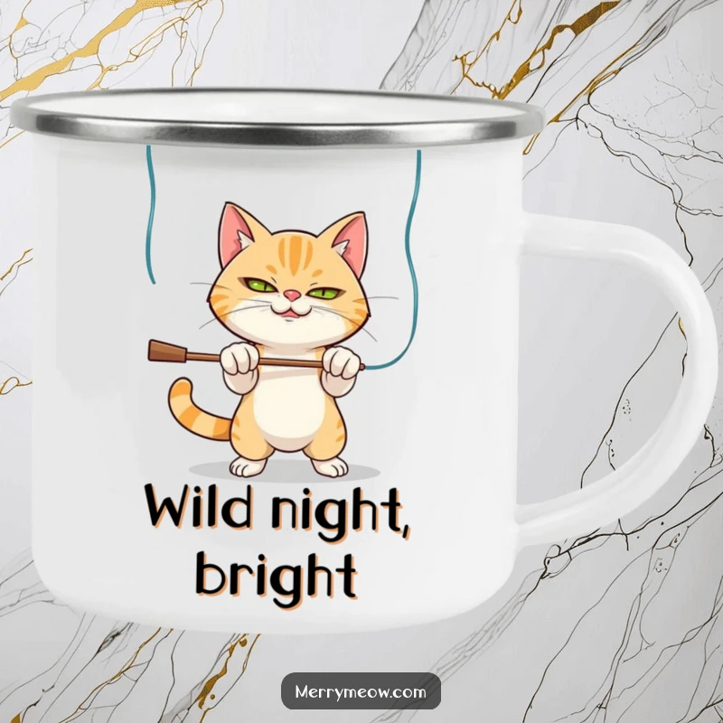 Funny Camping Mug: Mischievous cat batting at tinsel, bringing holiday smiles to any outdoor adventure.