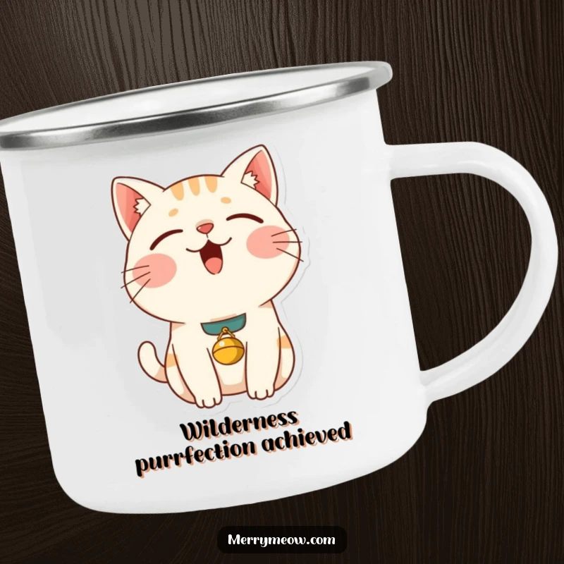 Funny content cat camping mug featuring a purring cat and bell collar, ideal for enjoying hot beverages during outdoor activities with a humorous touch.