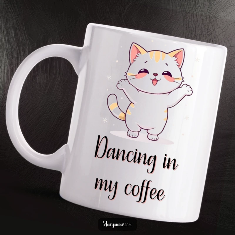 Funny Kawaii Cat Mug showing a cute cat performing a silly dance with snowflakes falling around it, full of winter fun.