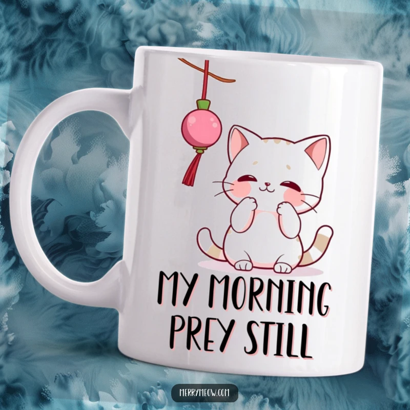 Funny mug with a playful cat character batting at a dangling Christmas ornament, expressing mischievous holiday joy, perfect for cat lovers.