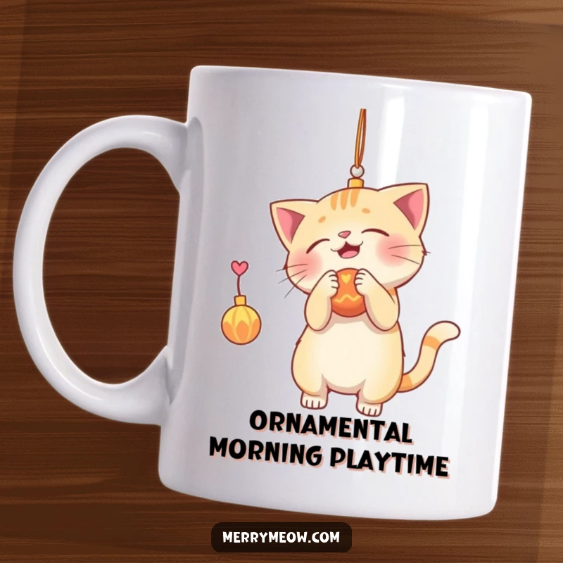 Funny mug illustration of a lively cat playfully swatting at a shimmering, dangling Christmas ornament, capturing holiday mischief.