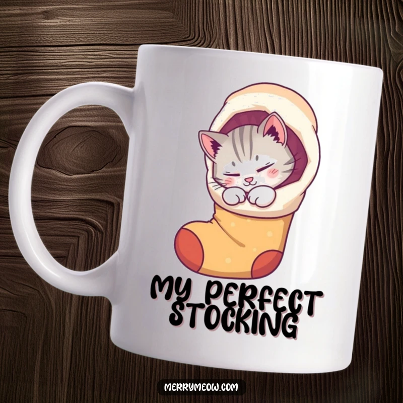 Funny mug with a content, purring cat curled up inside a whimsical Christmas stocking, radiating warmth and holiday joy.