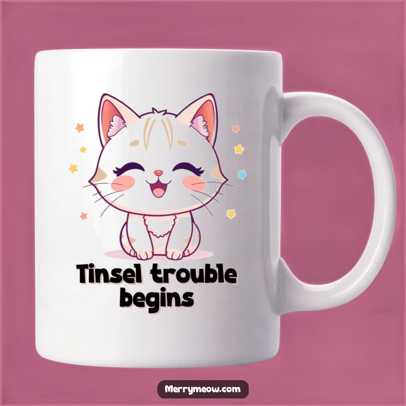 Funny Cat Tinsel Mug: Festive Character Gift for Cat Lovers, Holiday Joy Mug