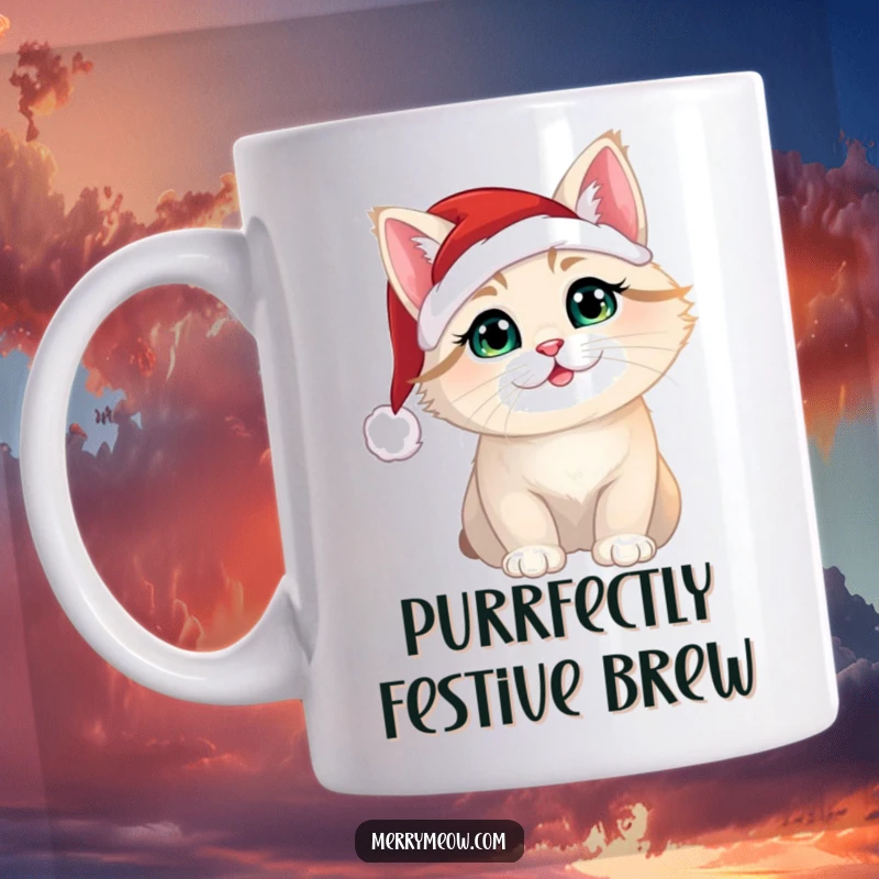 Funny Christmas cat wearing a tiny Santa hat, looking festive and cute on this novelty mug.