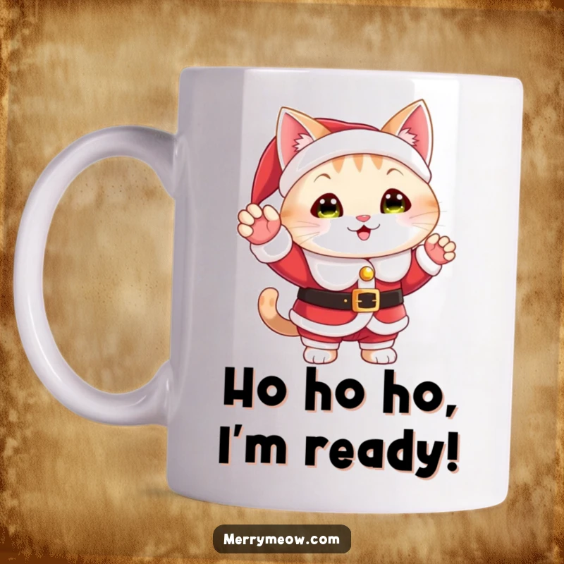 Funny Christmas mug with a cat character in a tiny Santa suit, cheerfully waving hello with a festive holiday greeting.